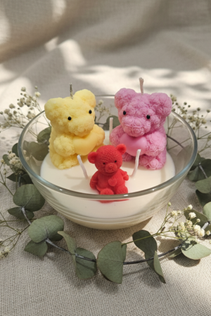 scented teddy bear candle with glass bowl for home decor